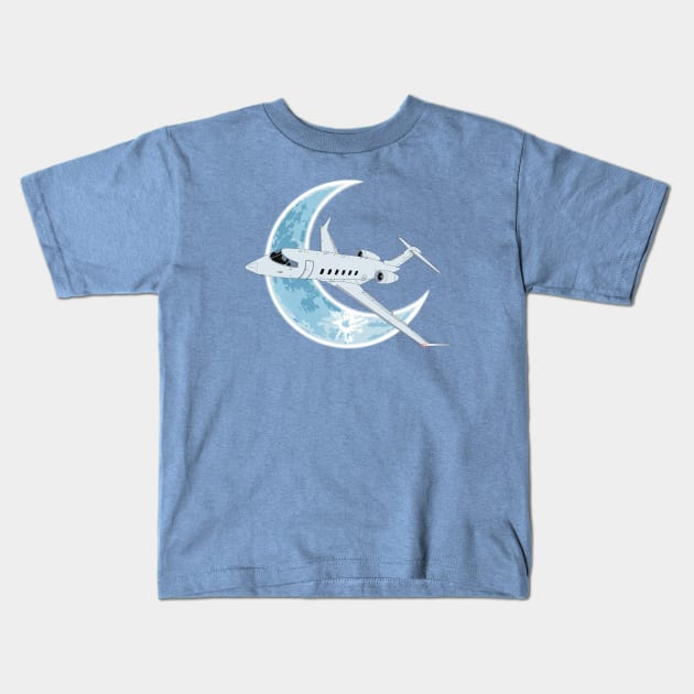 Bombardier Challenger 350 Jet Crescent Moon Night Flight Kids T-Shirt by Kassi Skye